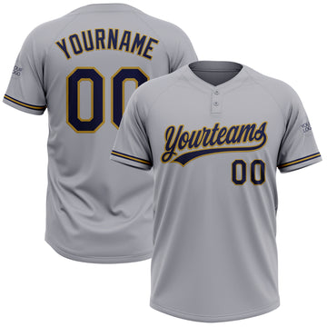 Custom Gray Navy-Old Gold Two-Button Unisex Softball Jersey