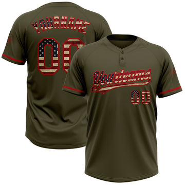 Custom Olive Vintage USA Flag-Red Salute To Service Two-Button Unisex Softball Jersey