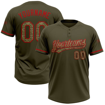 Custom Olive Camo-Red Salute To Service Two-Button Unisex Softball Jersey