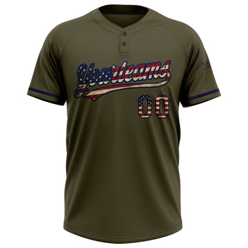 Custom Olive Vintage USA Flag-Navy Salute To Service Two-Button Unisex Softball Jersey