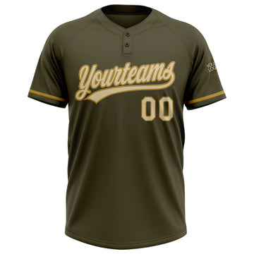 Custom Olive Cream-Old Gold Salute To Service Two-Button Unisex Softball Jersey