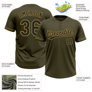 Custom Olive Black-Old Gold Salute To Service Two-Button Unisex Softball Jersey