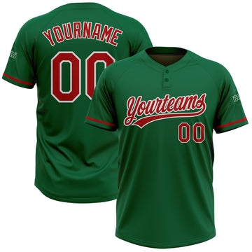 Custom Kelly Green Red-White Two-Button Unisex Softball Jersey