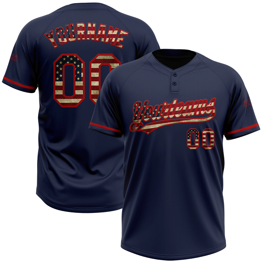 Custom Navy Vintage USA Flag-Red Two-Button Unisex Softball Jersey