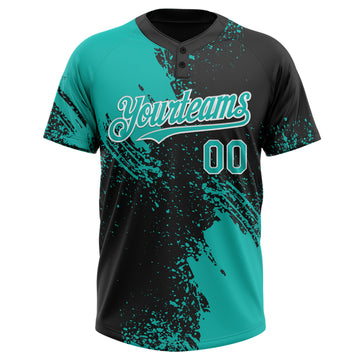 Custom Aqua Black-White 3D Pattern Abstract Brush Stroke Two-Button Unisex Softball Jersey