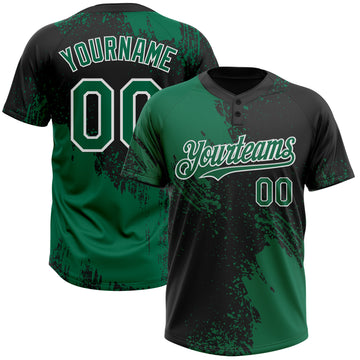 Custom Kelly Green Black-White 3D Pattern Abstract Brush Stroke Two-Button Unisex Softball Jersey