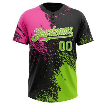 Custom Black Neon Green-Pink 3D Pattern Abstract Brush Stroke Two-Button Unisex Softball Jersey