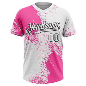 Custom Pink White-Black 3D Pattern Abstract Brush Stroke Two-Button Unisex Softball Jersey