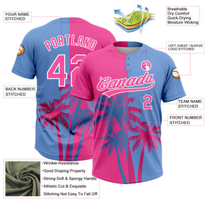 Custom Pink Light Blue-White 3D Pattern Hawaii Coconut Trees Two-Button Unisex Softball Jersey