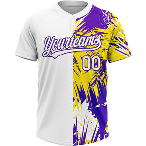 Custom White Purple 3D Pattern Tropical Palm Leaves Two-Button Unisex Softball Jersey