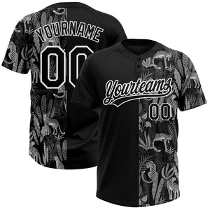 Custom Black White 3D Pattern Leopards And Tropical Palm Leaves Two-Button Unisex Softball Jersey