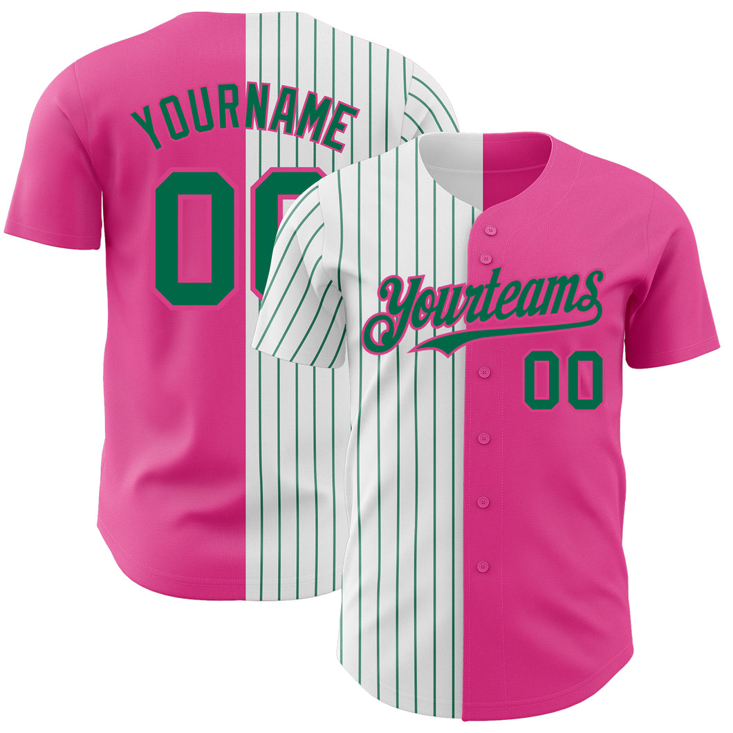 Custom Pink White-Kelly Green Pinstripe Authentic Split Fashion Baseball Jersey