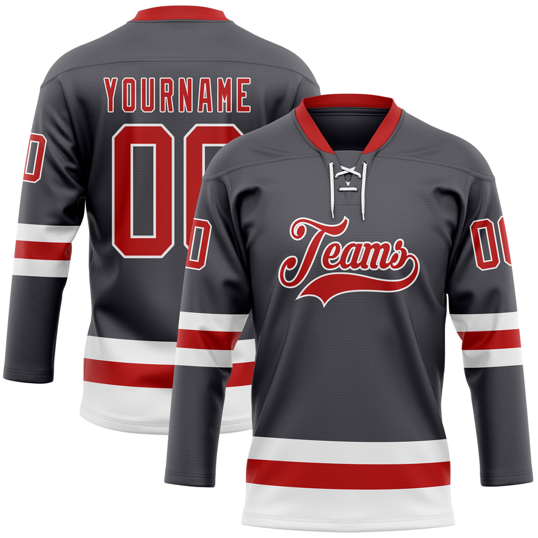 Custom Steel Gray Red-White Hockey Lace Neck Jersey