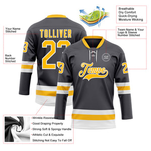 Custom Steel Gray Gold-White Hockey Lace Neck Jersey