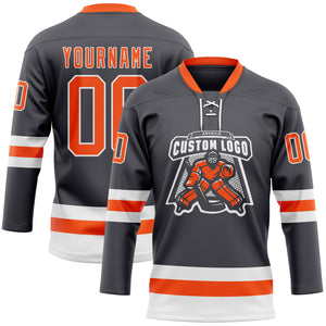 Custom Steel Gray Orange-White Hockey Lace Neck Jersey