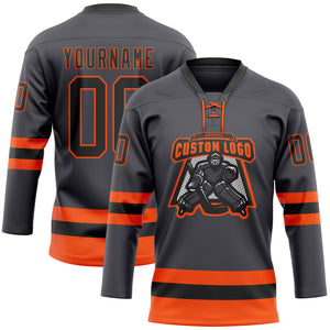 Custom Steel Gray Black-Orange Hockey Lace Neck Jersey