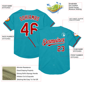 Custom Teal Red-White Mesh Authentic Throwback Baseball Jersey