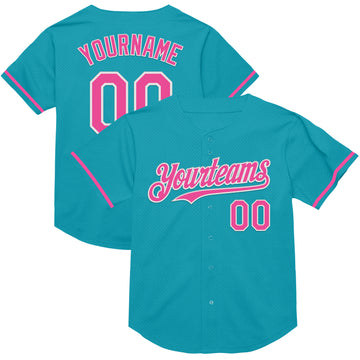 Custom Teal Pink-White Mesh Authentic Throwback Baseball Jersey