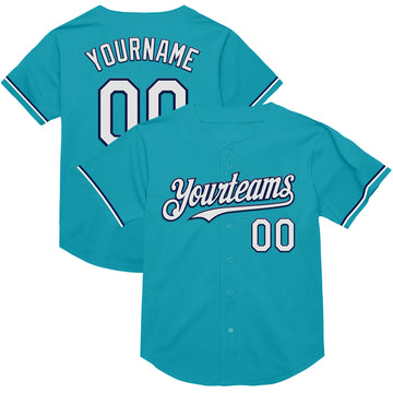 Custom Teal White-Navy Mesh Authentic Throwback Baseball Jersey