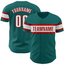 Load image into Gallery viewer, Custom Teal White-Red Authentic Baseball Jersey
