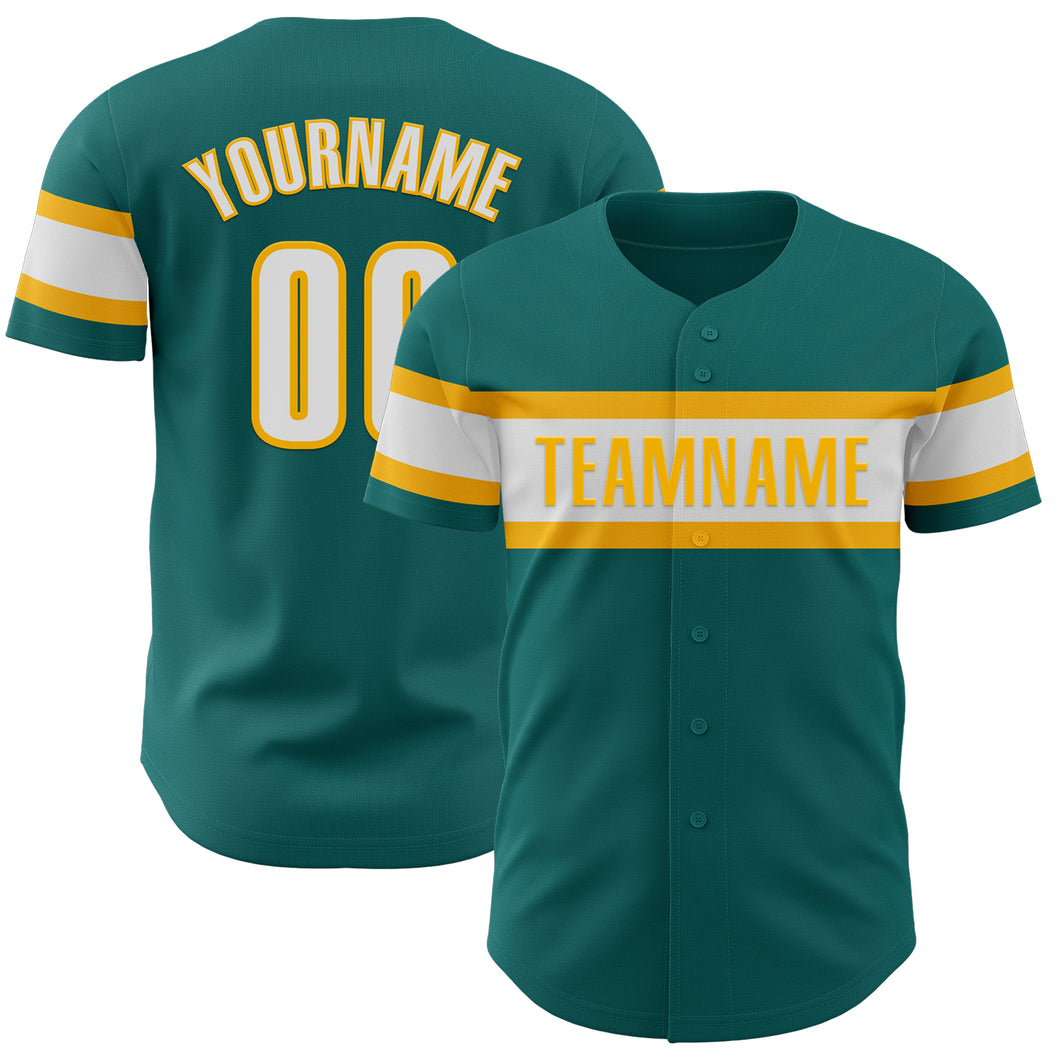 Custom Teal White-Gold Authentic Baseball Jersey