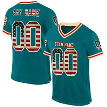 Load image into Gallery viewer, Custom Teal Vintage USA Flag Cream-Red Mesh Authentic Throwback Football Jersey
