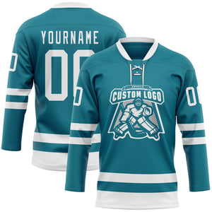 Custom Teal White Hockey Lace Neck Jersey