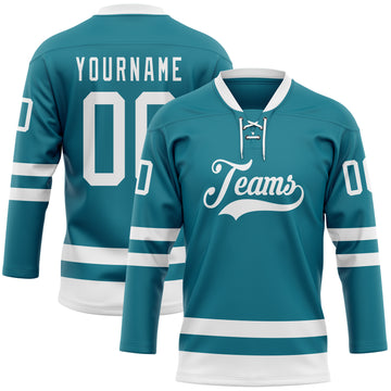 Custom Teal White Hockey Lace Neck Jersey