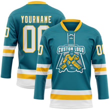 Load image into Gallery viewer, Custom Teal White-Gold Hockey Lace Neck Jersey
