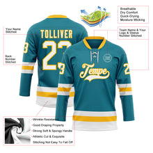 Load image into Gallery viewer, Custom Teal White-Gold Hockey Lace Neck Jersey
