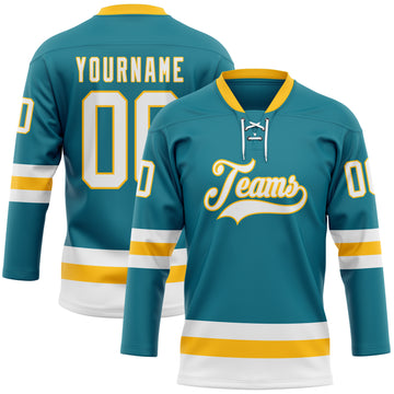 Custom Teal White-Gold Hockey Lace Neck Jersey