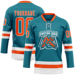 Custom Teal Orange-White Hockey Lace Neck Jersey