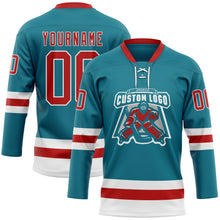 Load image into Gallery viewer, Custom Teal Red-White Hockey Lace Neck Jersey
