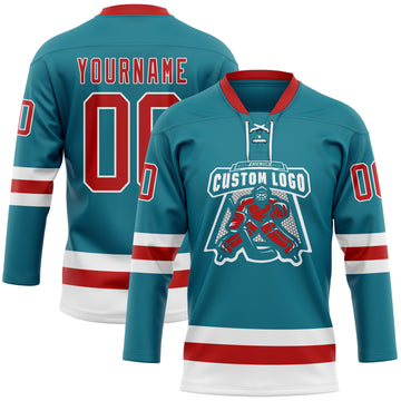 Custom Teal Red-White Hockey Lace Neck Jersey