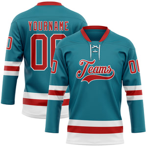 Custom Teal Red-White Hockey Lace Neck Jersey