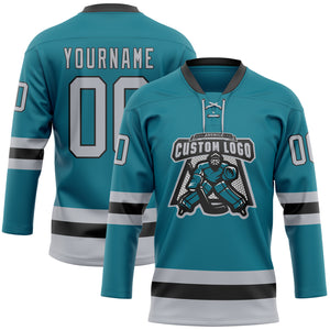 Custom Teal Gray-Black Hockey Lace Neck Jersey