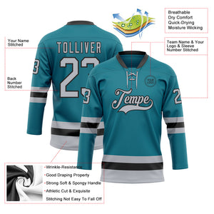 Custom Teal Gray-Black Hockey Lace Neck Jersey