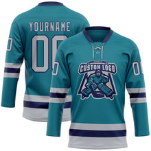 Load image into Gallery viewer, Custom Teal Gray-Navy Hockey Lace Neck Jersey
