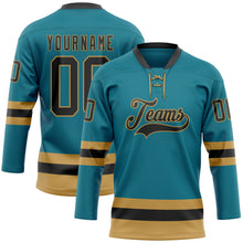 Load image into Gallery viewer, Custom Teal Black-Old Gold Hockey Lace Neck Jersey
