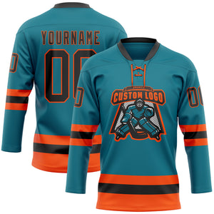 Custom Teal Black-Orange Hockey Lace Neck Jersey