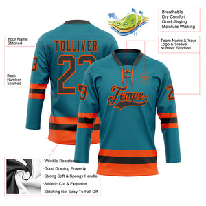 Custom Teal Black-Orange Hockey Lace Neck Jersey