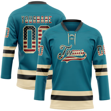 Custom Teal Vintage USA Flag Cream-Black Hockey Lace Neck Jersey