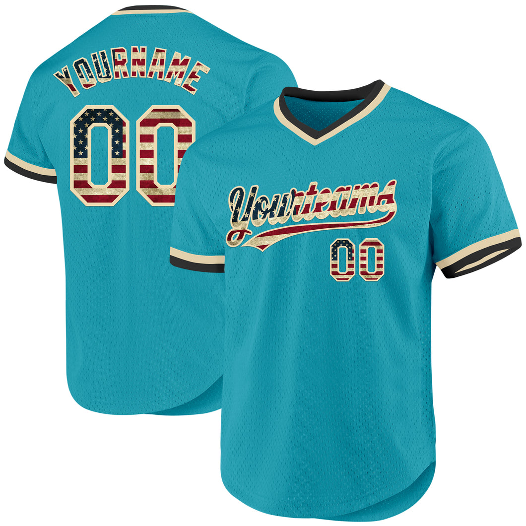 Custom Teal Vintage USA Flag Cream-Black Authentic Throwback Baseball Jersey