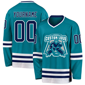 Custom Teal Navy-White Hockey Jersey