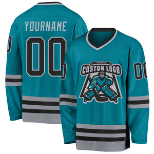 Custom Teal Black-Gray Hockey Jersey