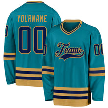 Load image into Gallery viewer, Custom Teal Navy-Old Gold Hockey Jersey
