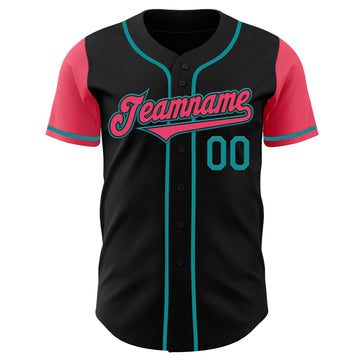 Custom Black Neon Pink-Teal Authentic Two Tone Baseball Jersey