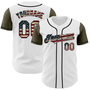 Custom White Vintage USA Flag Black-Olive Authentic Two Tone Baseball Jersey