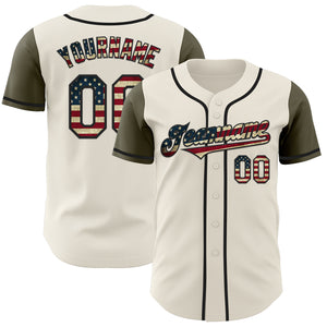 Custom Cream Vintage USA Flag Olive-Black Authentic Two Tone Baseball Jersey