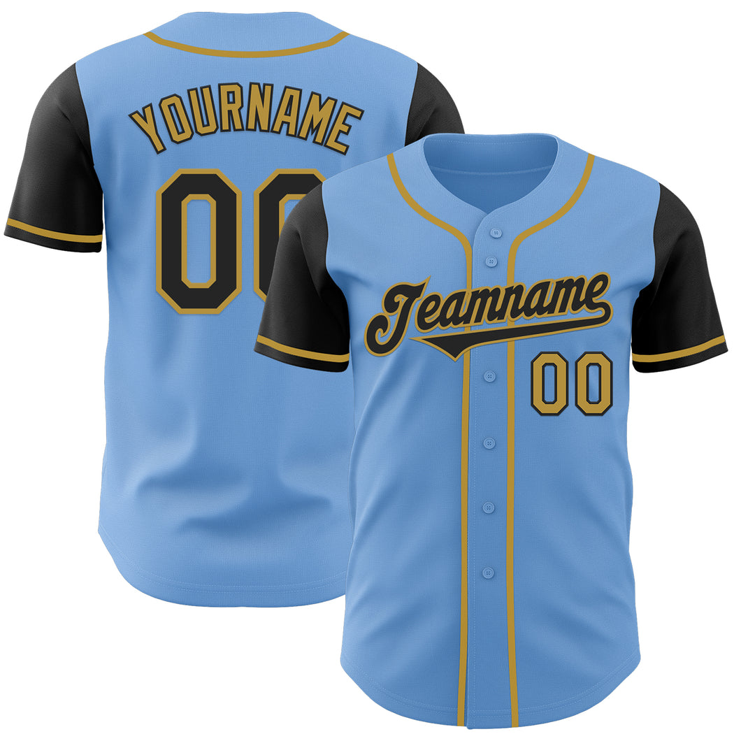 Custom Light Blue Black-Old Gold Authentic Two Tone Baseball Jersey